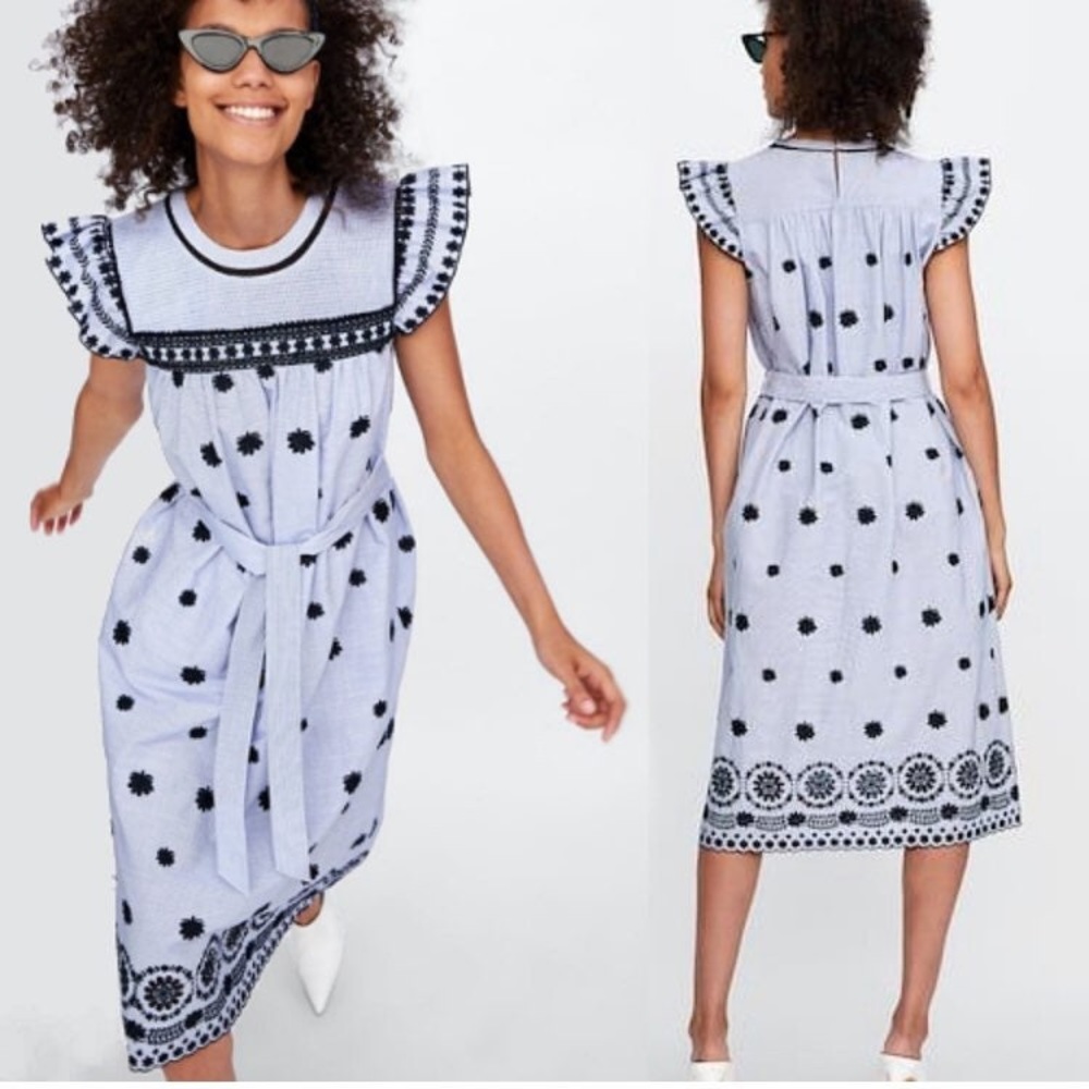 ZARA Blue White embroidered eyelet midi dress